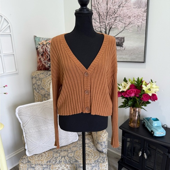 American Eagle Outfitters Tan Ribbed Cardigan Sweater - Picture 1 of 6